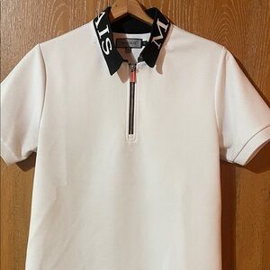 MMS Design Studio White Polo with Black Lettered Collar